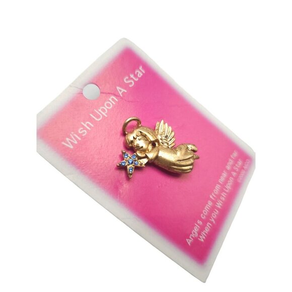 Wish Upon a Star Flying Angel Blue Rhinestone Lapel Brooch Pin Gold Tone Vintage - Picture 2 of 4